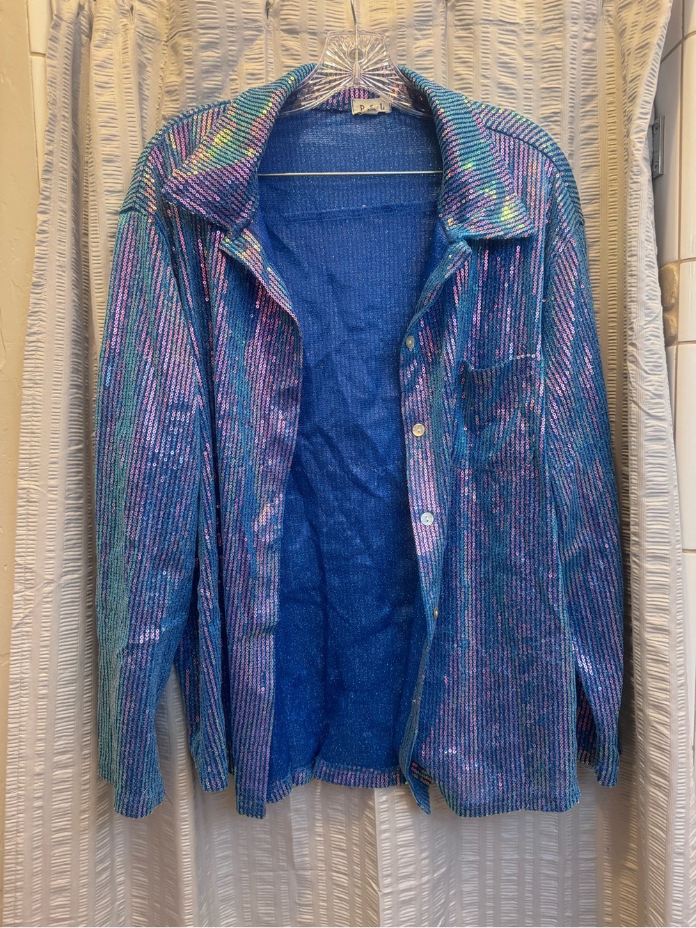 POL Iridescent Ocean Blue Mermaid Sequin Button Down Shirt Blue Medium